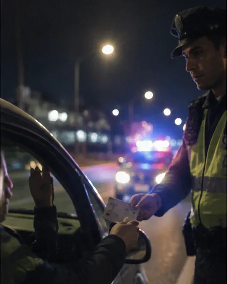Conductor detenido en un control policial de noche, con un agente acercándose al auto